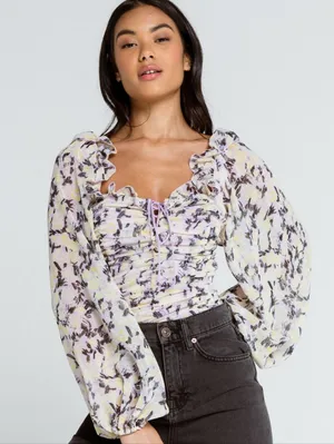 Free People Mabel Printed Blouse in Lilac Combo thumbnail 1