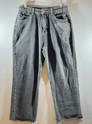 845‎ | Y2K Gray Wide Leg Jeans White Tribal Embroidered Graphic Raw Hem Size 31 thumbnail 1