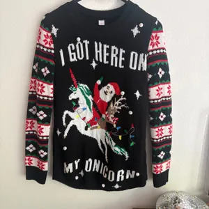 No Boundaries Black Santa Riding Unicorn Ugly Christmas Sweater Pom Poms Medium thumbnail 3