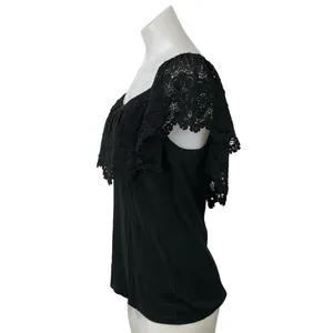 LAUREN Ralph Lauren Women's Black Lace Off The Shoulder Cotton Blouse Top Size L thumbnail 3