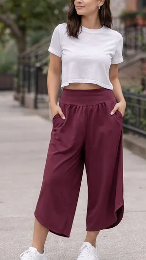 Halara Wide Leg Cropped Pants Burgundy Elastic Waist Comfort Size Medium thumbnail 1