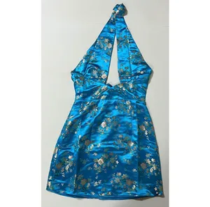 Blue Floral Satin Silk Criss-Cross Halter Mini Dress Size S 💙✨ thumbnail 3