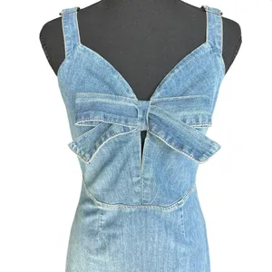 💙 Bebe Denim Bow Ruffled Mini Dress Size 6 thumbnail 2