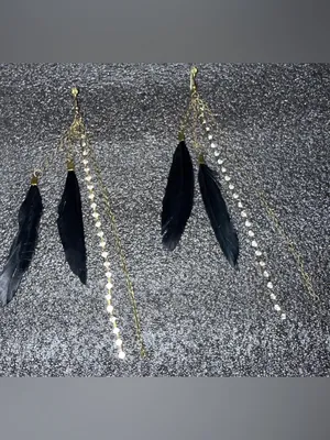 Gold Chain & Black Feather Drop Earrings with Rhinestones thumbnail 2