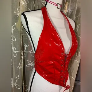 Shein Iconic Red Latex Like Halter Top thumbnail 3