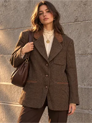 Vintage Express Wool Plaid Blazer Leather Collar Equestrian 90s L thumbnail 1