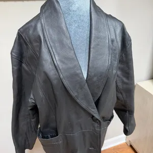 EUC Vintage 90's Y2K Leather Black Trench Coat Jacket Small Button Close Collar thumbnail 2