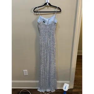 Betsy & Adam Ice Blue Silver All Over Sequin Slip Slit Formal Gown, 4‎ thumbnail 4