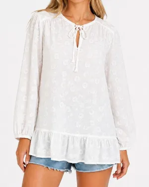 Loft Women White Blouse Size L Swiss Dot Embroidered Lace Up Boho Ruffle Tunic Top thumbnail 1