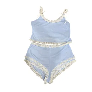 Kacey Lee Baby Blue Pointelle Lace Trim Two Piece Set Cami Shorts L thumbnail 4