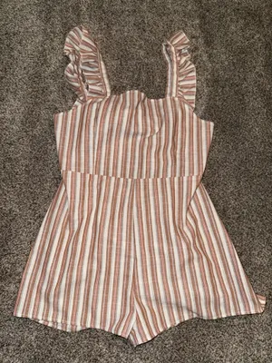 SHEIN Frenchy Cotton Ruffle Armhole Tie Back Striped Romper thumbnail 1