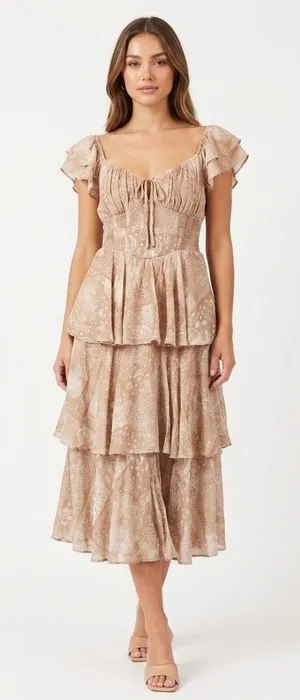 Francesca's Collections Beige Paisley Tiered Ruffle Midi Dress Cottagecore Boho thumbnail 1