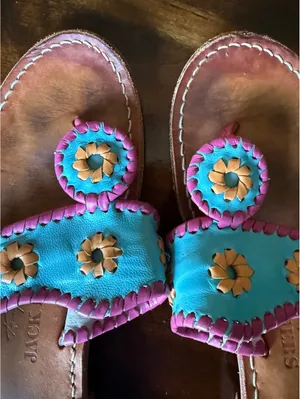 Jack Rogers Women's Leather Sandals with Turquoise and Pink Floral Detail thumbnail 2