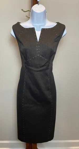 Anne Klein Dress Brown Metallic Thread Bead Detail Star Neck Sheath Size 12 thumbnail 1
