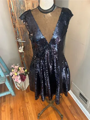 Free People Sequin V-Neck Sleeveless Party Dress in Metallic Black | Size Medium thumbnail 4