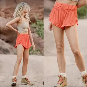 Free People Movement Boho Athleisure High Rise Coral Ruffled Layering Shorts L thumbnail 3