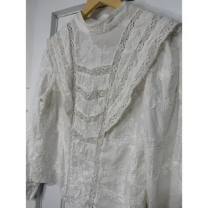 Ultra Pink White Embroidered Lace Victorian Mock Neck Cotton Blouse Top Medium thumbnail 7