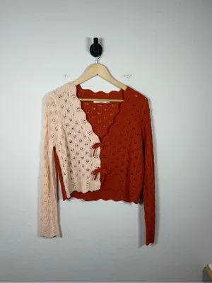 All In Favor Colorblock Pointelle Knit Tie Front Cardigan Cream Rust Medium thumbnail 2