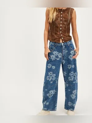 NWT Free People We The Free Good Luck Printed Barrel Jeans - laser Daisy - 33 thumbnail 6