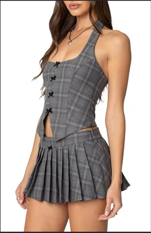 Edikted Palmer Plaid Bow Halter Top thumbnail 1