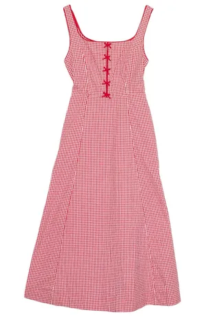Rachel Zoe Dress Maxi Red Gingham Plaid Seersucker Milkmaid Cottagecore Picnic 6 thumbnail 1