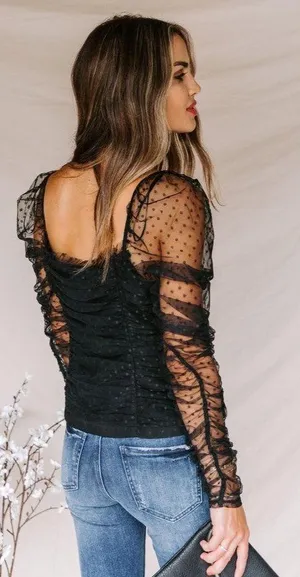 VICI Benefit Polka Dot Ruched Gathered Sleeve Mesh Tulle Top by Free the Roses thumbnail 3