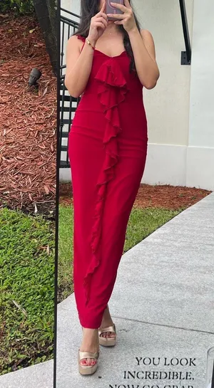 Ruffle Wine Wedding Guest Dress Red thumbnail 1