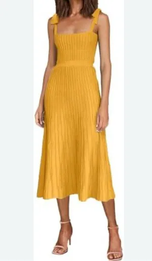 NEW Yellow Ribbed Tie Straps Square Neck Summer Knit Dress M thumbnail 1