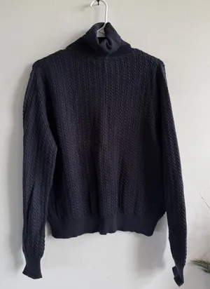 Ralph Lauren Polo Golf Navy Blue Cable Knit Turtleneck Cotton Sweater Large thumbnail 1