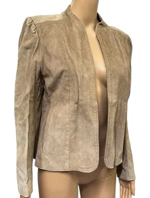 Vintage Suede Tan Open Front Pocket Jacket Puff Sleeve Womens Juniors 9 10 thumbnail 1