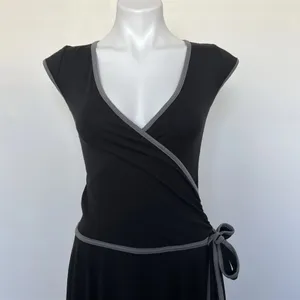 CHERISH Black Dress Womens Small 50s Retro Rockabilly Pinup Wrap Swing Midi Trim thumbnail 4