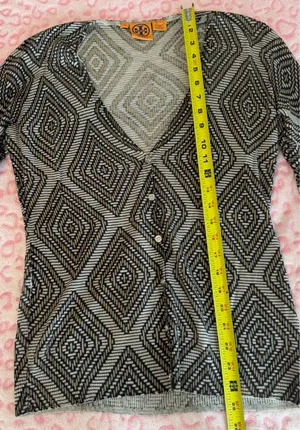 Tory Burch Button Up Cardigan Women's Geometric Sleeve Stretch 100% Wool Size:L thumbnail 6