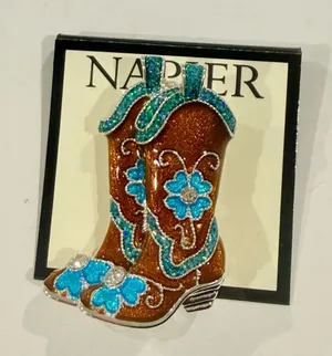 Napier Brown gold Turquoise Cowboy Boot Brooch western cute style gift thumbnail 1