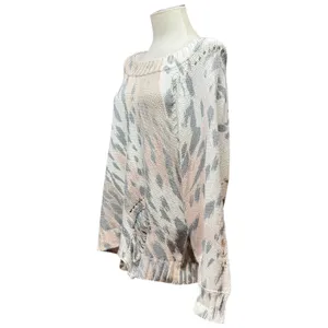 Umgee Distressed Sweater Cream Gray Tan Pink Medium thumbnail 3