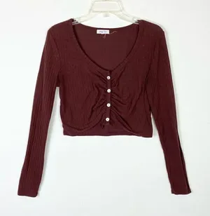 Stitch & Pine Red Brown Long Sleeve Button Up Crop Top Size L thumbnail 1