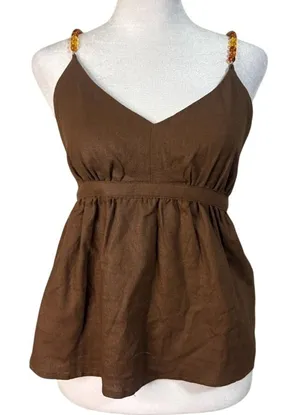 Rachel Zoe Cami Top Womens XS Brown NEW Beaded Strap Linen Blend Babydoll V-Neck thumbnail 1