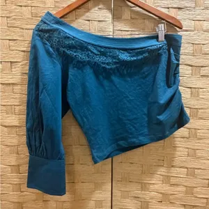 NWT By Anthropologie One-Shoulder Puff-Sleeve Top Teal Size Small thumbnail 2
