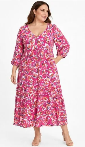 The Pioneer Woman Women Maxi Dress 3XL Pink Floral Tiered Rayon Boho Cottagecore thumbnail 1