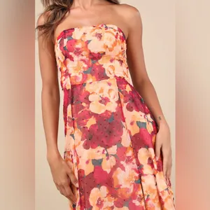 Lulus Bright Perspective Plum and Orange Floral Strapless Midi Dress thumbnail 3