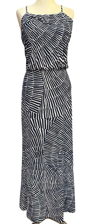 Nine West 6 Geometric Print Ruffle Neck Maxi Dress Navy White Sleeveless Summer thumbnail 1