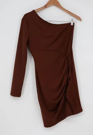 Chocolate Brown One Shoulder Ruched Long Sleeve Mini Bodycon Dress Large thumbnail 1