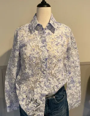 ZARA Blue White Floral Devoré Sheer Long Sleeve Button Up Shirt Size S thumbnail 1