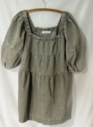 Nectar Clothing Corduroy Puff Sleeve Tiered Babydoll Mini Dress Olive L thumbnail 1