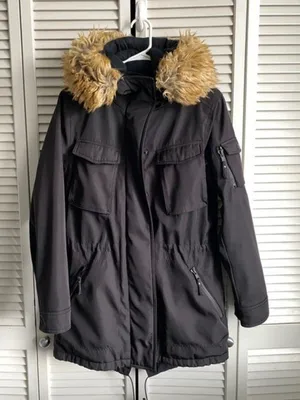 S13 Long Coat Black with Faux Fur Hood Small Parka Winter Snow thumbnail 1