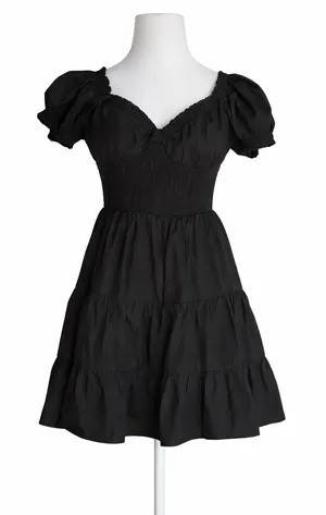 Princess Polly Black Mini Dress Size 10 Milkmaid Smocked Puff‎ Sleeve Tiered thumbnail 1