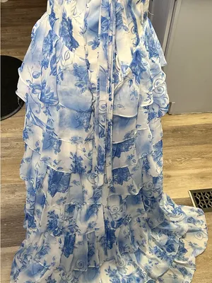 Blue & White Floral Ruffled Prom Dress thumbnail 4