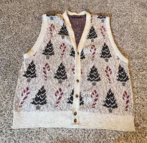 Roundtree & Yorke Vintage Christmas Tree Candy Cane Knit Cardigan Vest Mens L‎ thumbnail 1