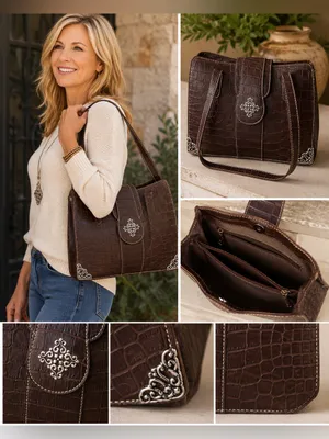 Embellished Croc Embossed Brown Shoulder Bag Silver Accent Purse thumbnail 2