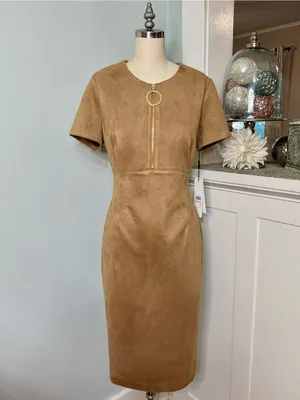 Calvin Klein Faux Suede Zip-Front Midi Dress Tan Camel Brown NWT Size 10 thumbnail 2