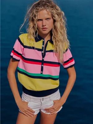NWT Zara Multi-Stripe Short Sleeve Knit Polo Sweater Top Yellow Pink Blue Large thumbnail 2